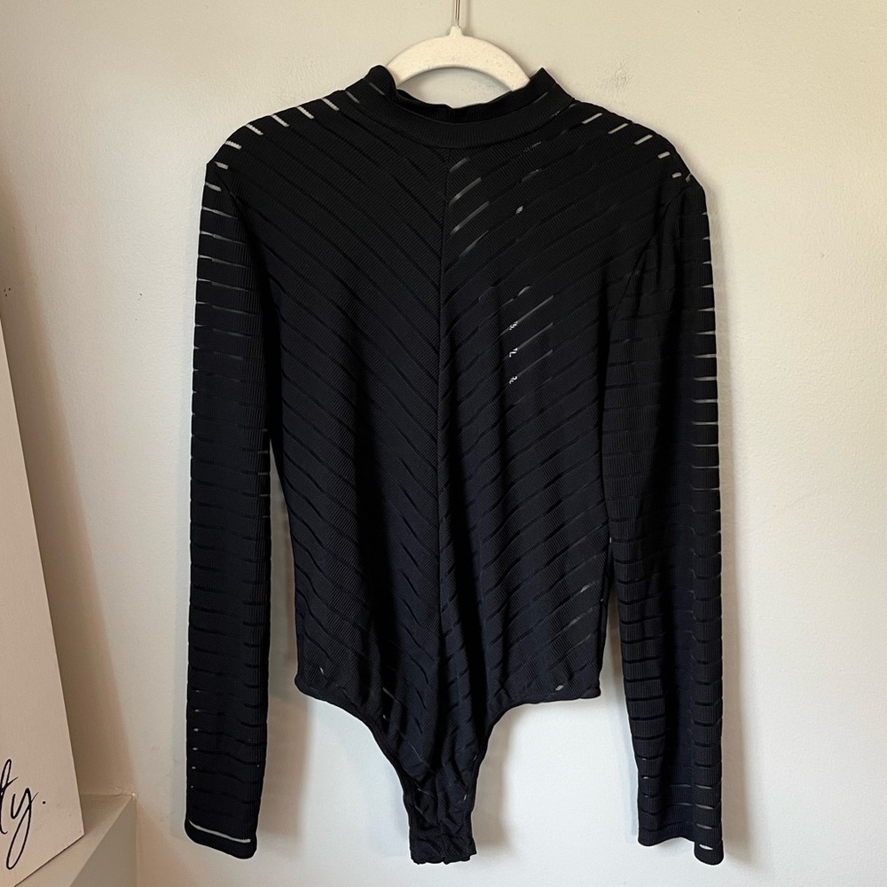 Black Long-Sleeve Sheer Striped Bodysuit